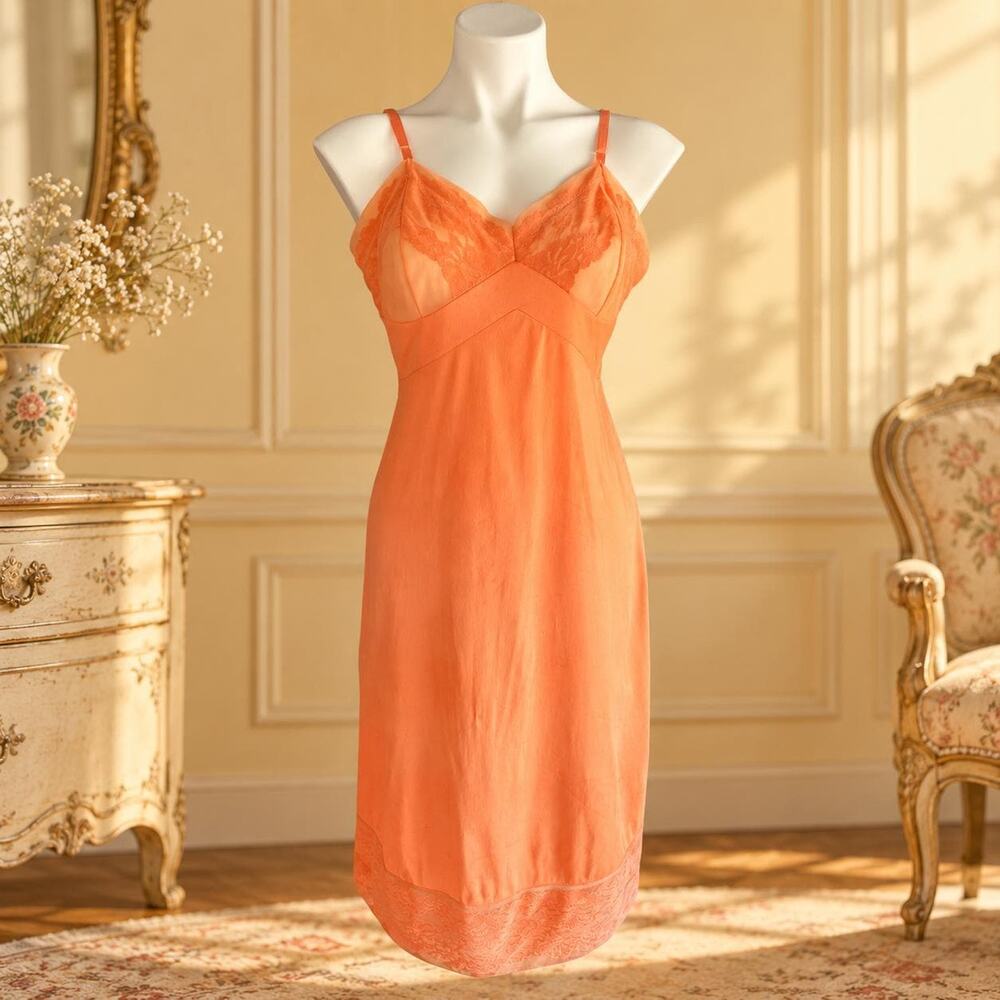 Vintage Vanity Fair 1960s Custom Colored Nylon Full Slip Orange Lace Size 38